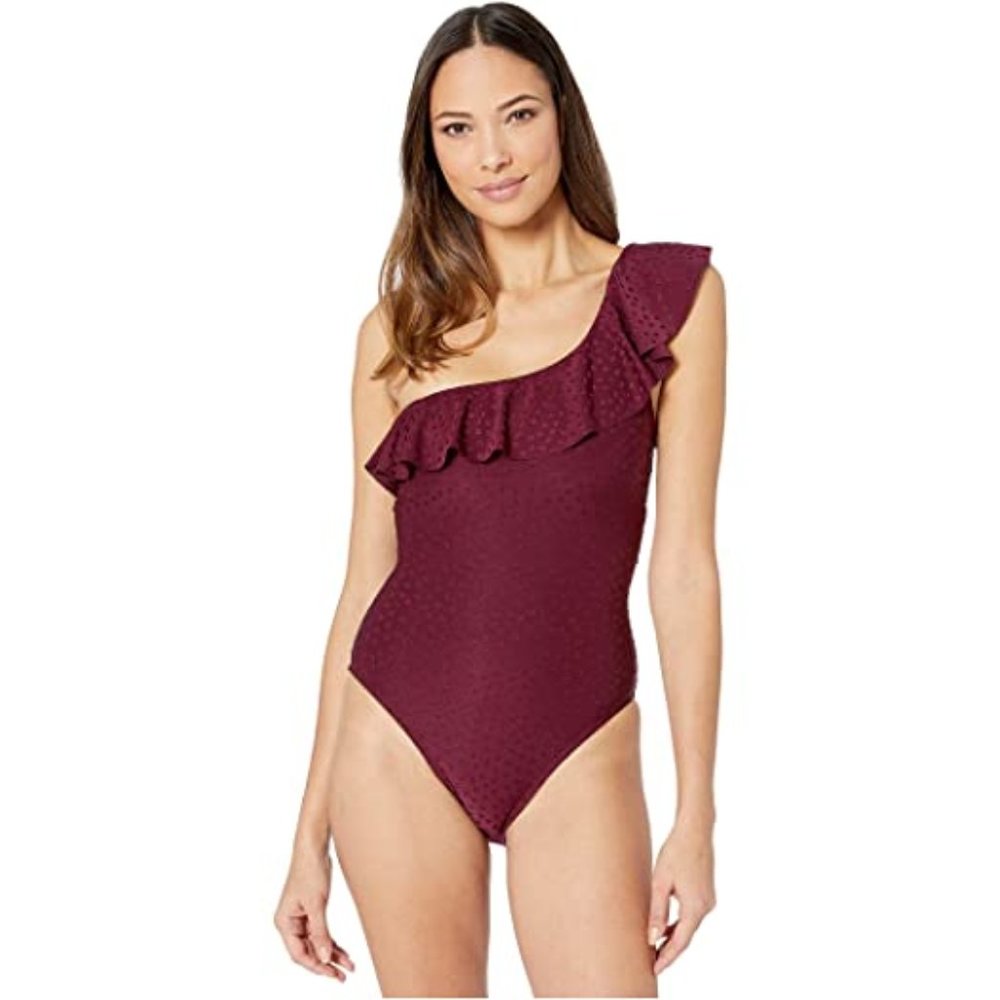 Robin Piccone Julianna Dot Ruffle Shoulder One Piece Swimsuit Eggplant Size 8